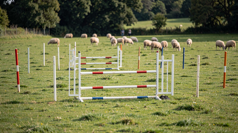 Sheepdog trial course with drive gates and fetch lines on a green field
