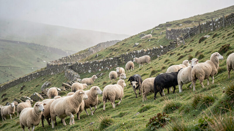 Shepherd with sheepdog gathering hill sheep on a misty Scottish hillside