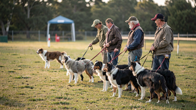 Handlers with border collies waiting at the edge of a sheepdog trial field