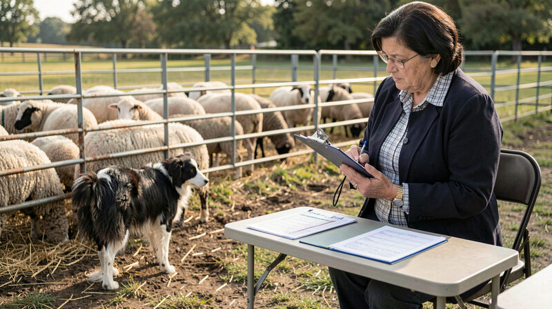 Trial judge with clipboard watching a border collie work sheep near the pen